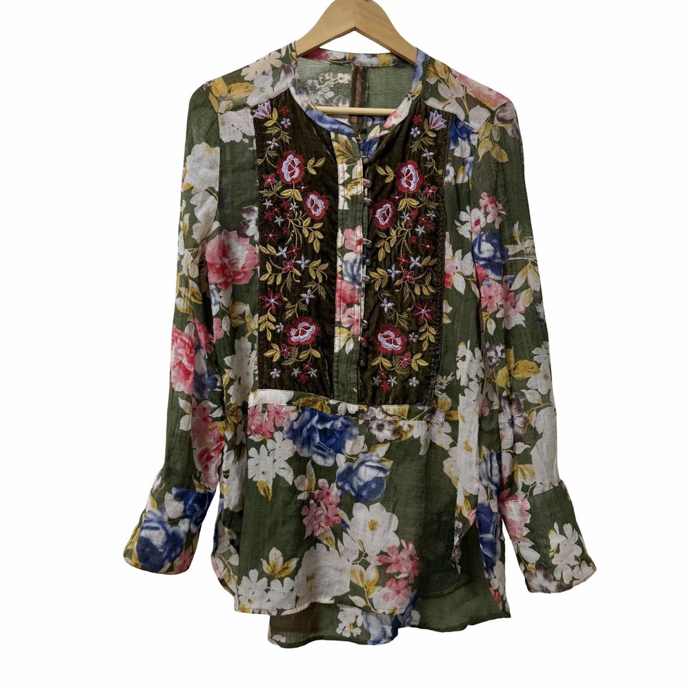 Aratta Silent Journey Floral Velvet‎ Embroidered Blouse Top Size M Boho Peasant